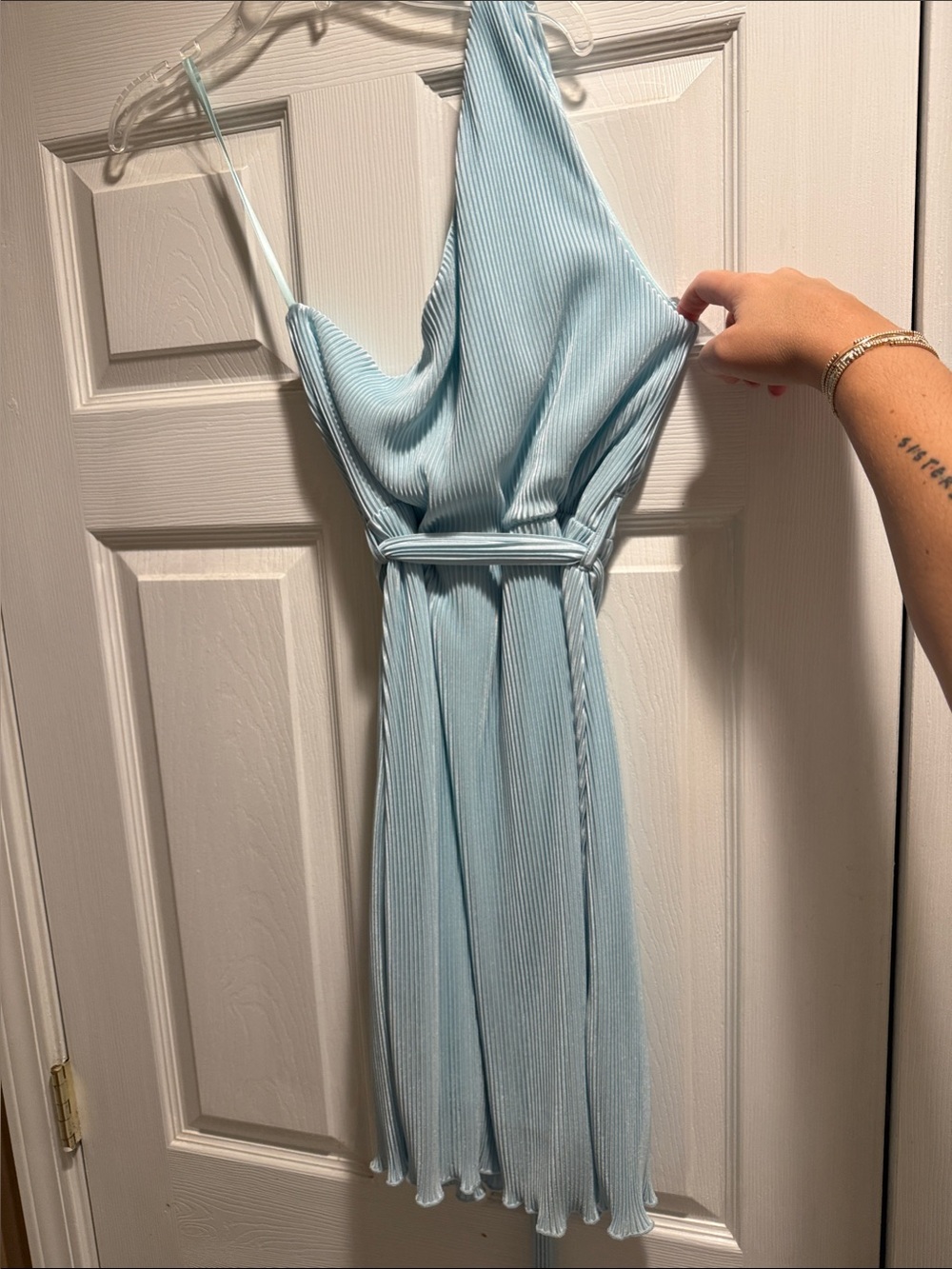 Light Blue Pleated V-Neck Off the shoulder satin Dress only worn once